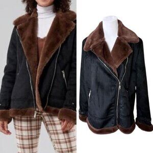 Hollister Shearling Faux Fur/Suede Black Coat MEDIUM Biker Moto NWT